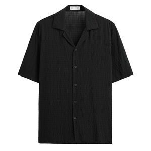 Zara Black Short-Sleeve Textured Button-Down Camp Shirt